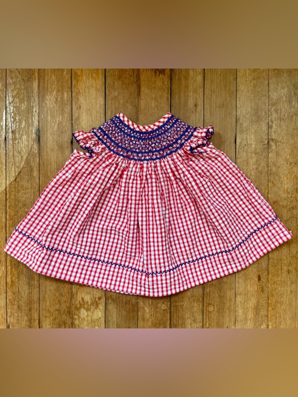 100% Cotton Red Gingham Smocked Dress with Blue Embroidery 3 months